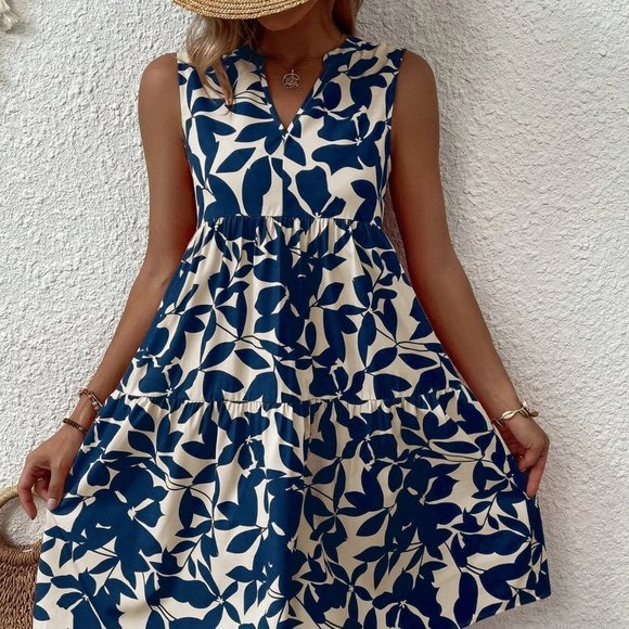 . Dresses & Skirts - White & Blue Preppy Womens Allover Plant Print Notch Neck Ruffle Hem Dress